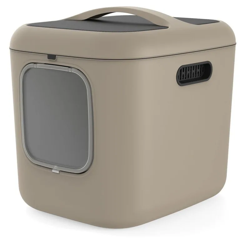 Beige laatikkomainen kissanvessa harmaalla ovella