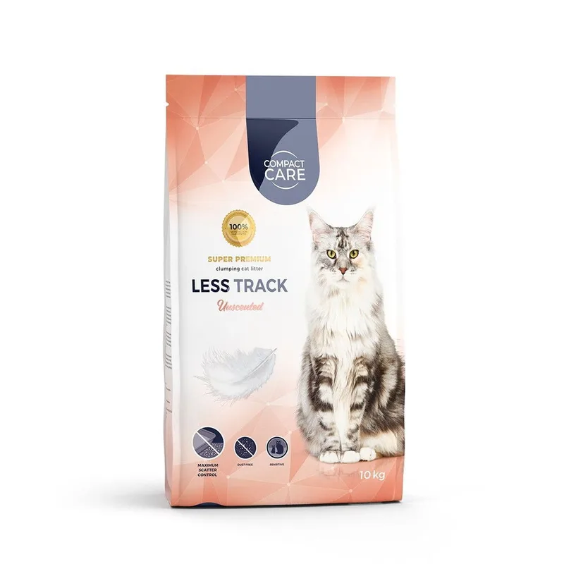 Vaalea Compact Care Less Track -kissanhiekkasäkki, jossa harmaa kissa