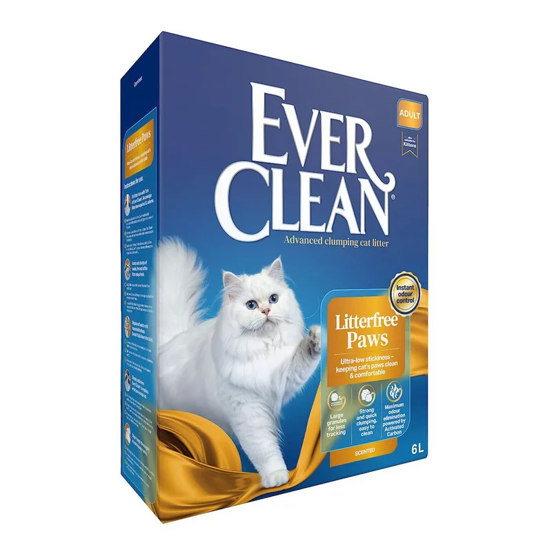 Sininen Ever Clean LitterFree Paws -pakkaus, jossa valkoinen kissa