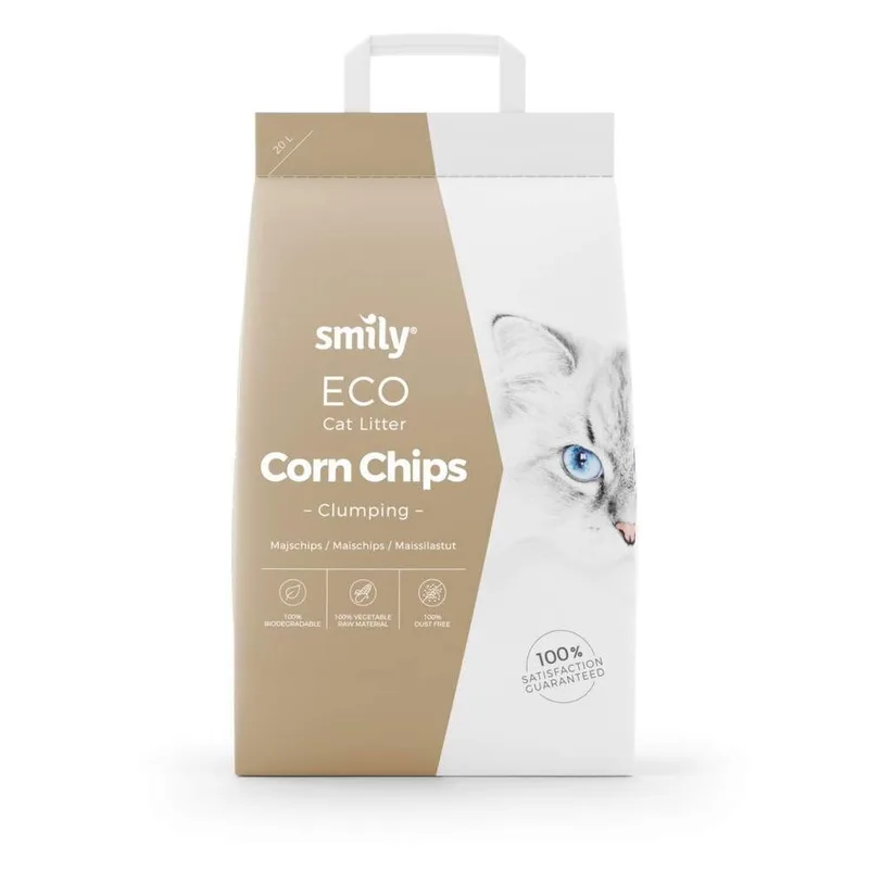 Beige Smily Eco Corn Chips -pakkaus, jossa piirretty kissa