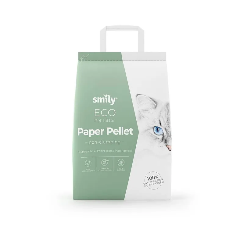 Vaaleanvihreä Smily Eco Paper Pellet -pakkaus, jossa piirretty kissa