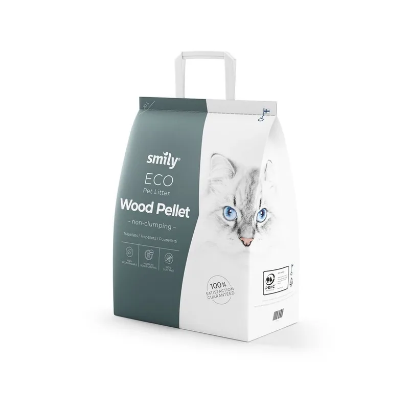 Tummanvihreä Smily Eco Wood Pellet -pakkaus, jossa piirretty kissa