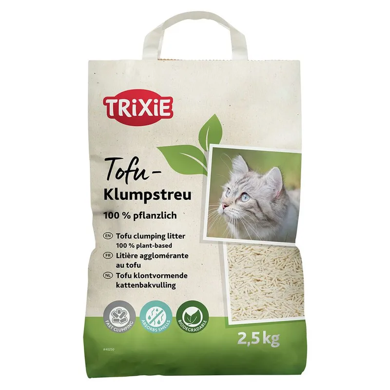 Vihreävalkoinen Trixie Tofu-Klumpstreu -kissanhiekkapussi, jossa kissa