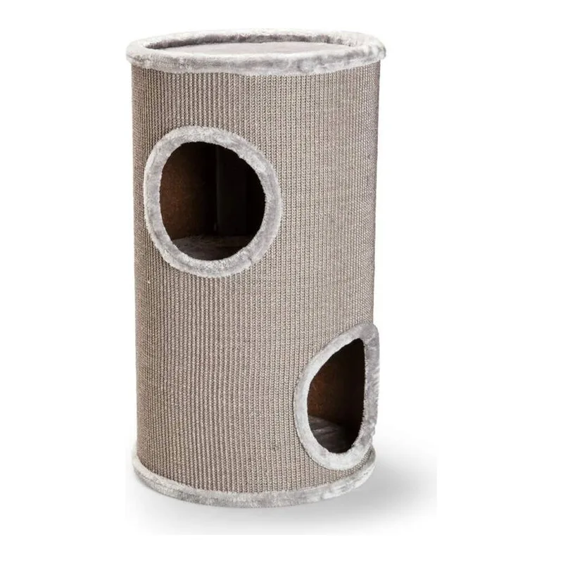 Beige sisalpäällysteinen raapimatynnyri, jossa kaksi pesäaukkoa